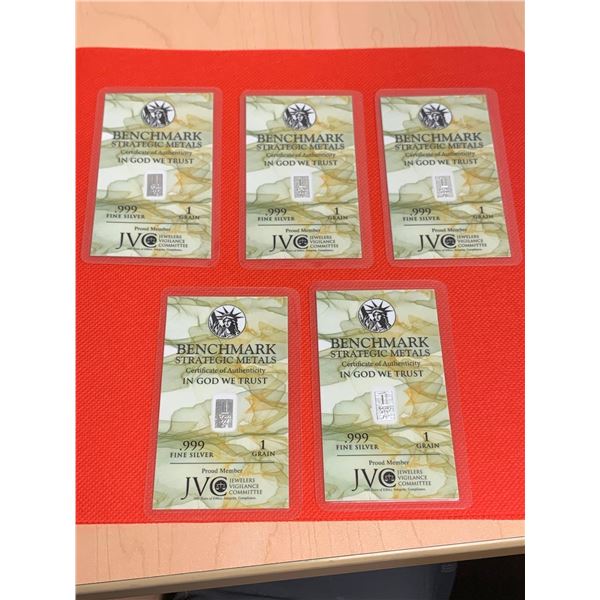 Benchmark Wholesale Lot of 5 x 1 Grain .999 Silver Wafer bars