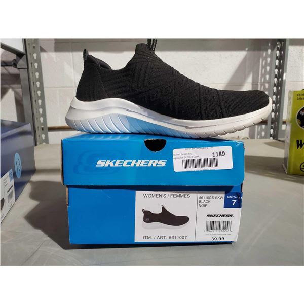Women's Size 7 Skechers Slip on Sneakers  Black- OPEN BOX - SOLD AS IS