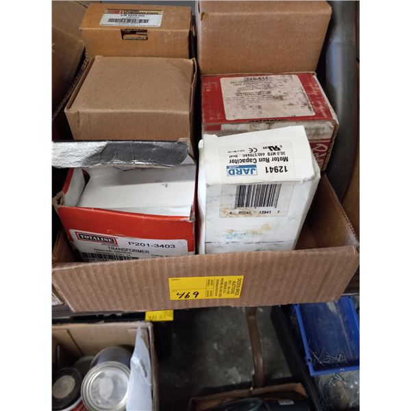 BOX OF MISC., TRANSFORMER, MOTOR RUN CAPACITOR, UNIVERSAL FIREPLACE REPLACEMENT VALVE, IGNITER, HIGH