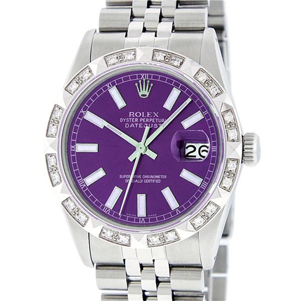 Rolex Mens Stainless Steel 36MM Purple Index Pyramid Diamond Datejust Wristwatch