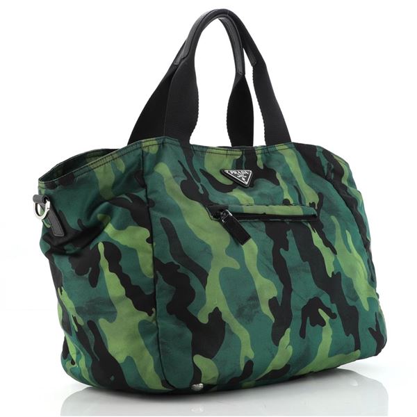 Prada Green Tessuto Print Camouflage Convertible Large Pocket Tote Bag