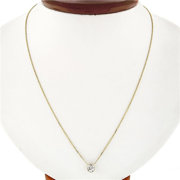 New 14k Yellow Gold 0.65 ctw Bezel Set Round Diamond Solitaire Pendant Necklace
