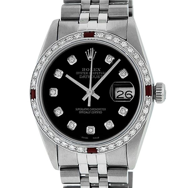 Rolex Mens 36 Datejust Black Diamond & Ruby Serviced Polished