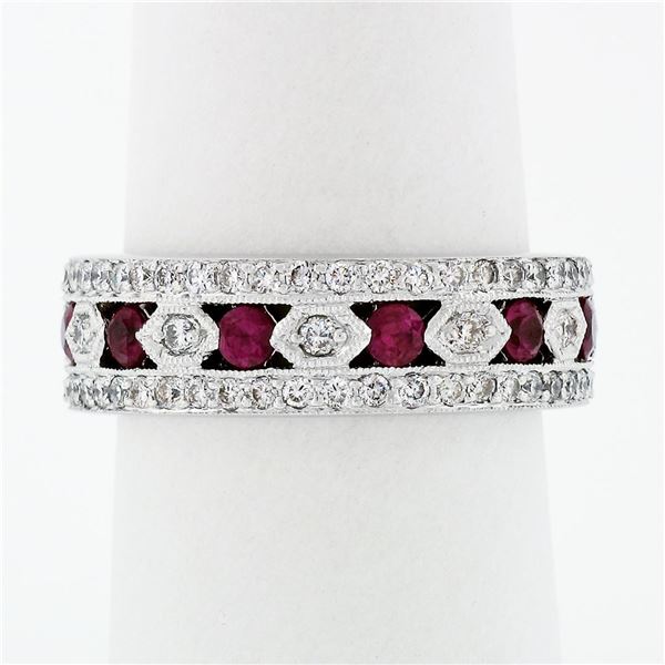 18k White Gold 1.50 ctw Pave Round Brilliant Diamond & Blood Red Ruby Band Ring