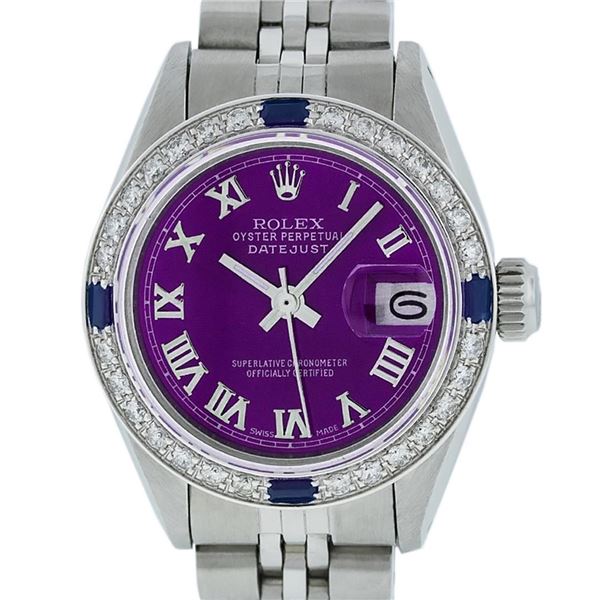 Rolex Ladies Stainless Steel Purple Diamond & Sapphire Datejust Wristwatch 26MM