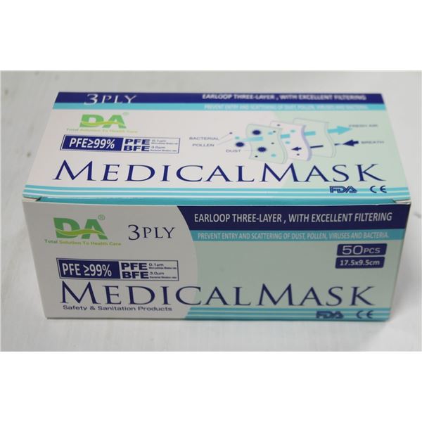 BOX OF 50 DISPOSABLE 3-PLY MEDICAL FACE MASKS