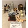 Image 1 : "Motherland: Fort Salem" Scylla's misc. items - 2 horns/ photos/ glass jars/ brass pot/ feather etc.
