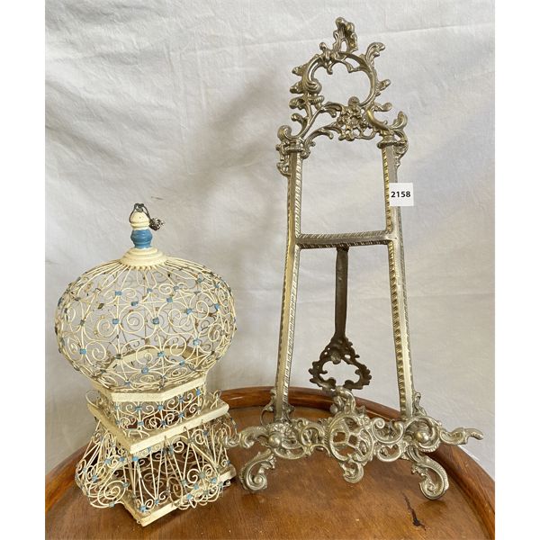 LOT OF 2 DECORATIVE WIRE CAGE AND LARGE PICTURE STAND 19in TALL Lot Of 2 Decorative Wire Cage And Large Picture Stand 19in Tall