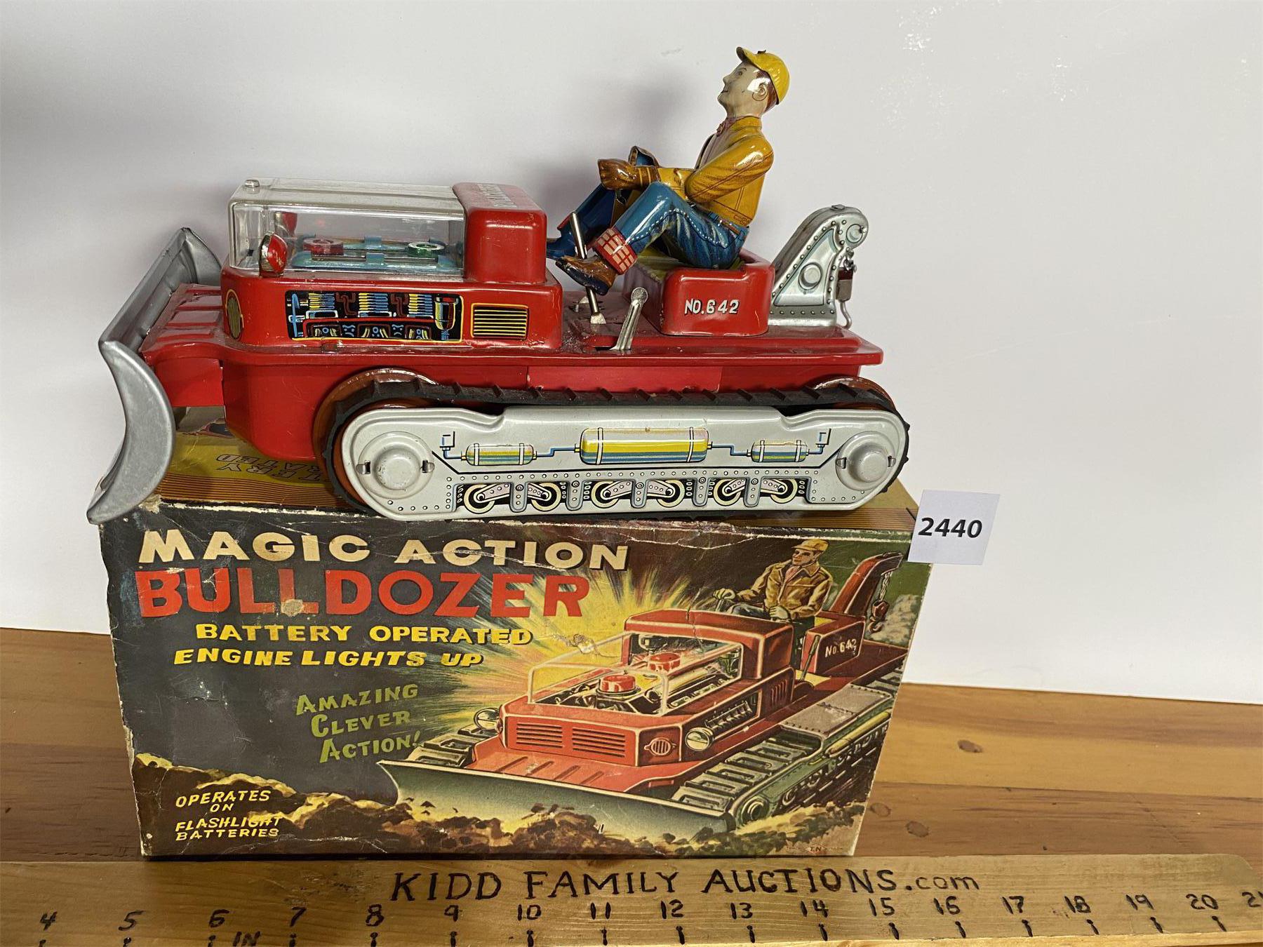 BATTERY OPERATED MAGIC ACTION #642 TIN BULLDOZER W/ ORIGINAL BOX