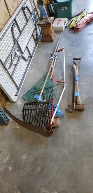 BUNDLE OF GARDEN TOOLS, SCYTHE, RAKES - Big Valley Auction