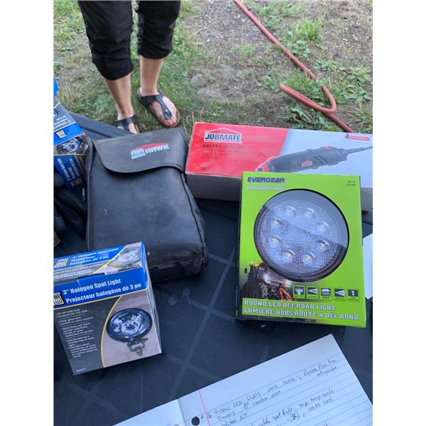 Lights, air compressor, tool kit ect