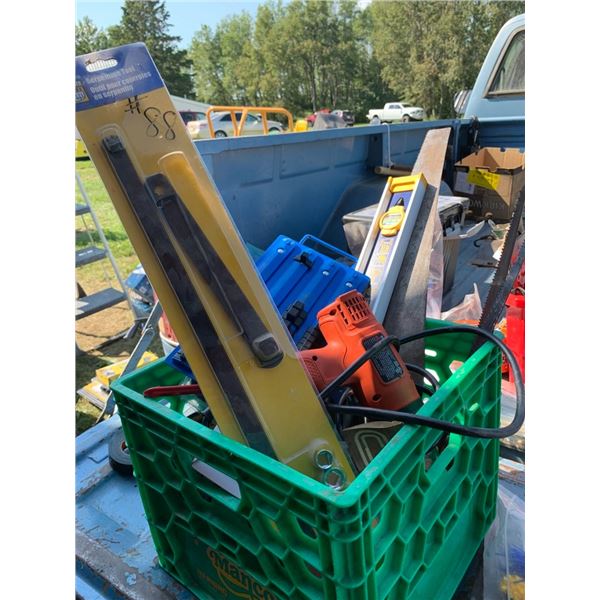 Battery charger, hand saw, level, & more