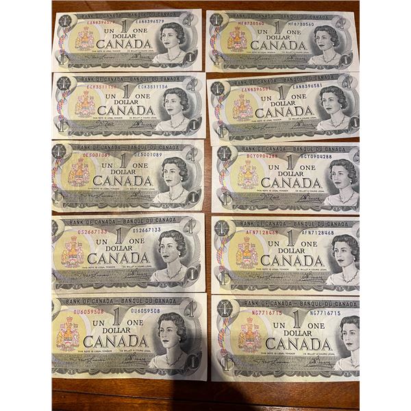 1973 $1 Canadian Currency Collection 10 Pieces