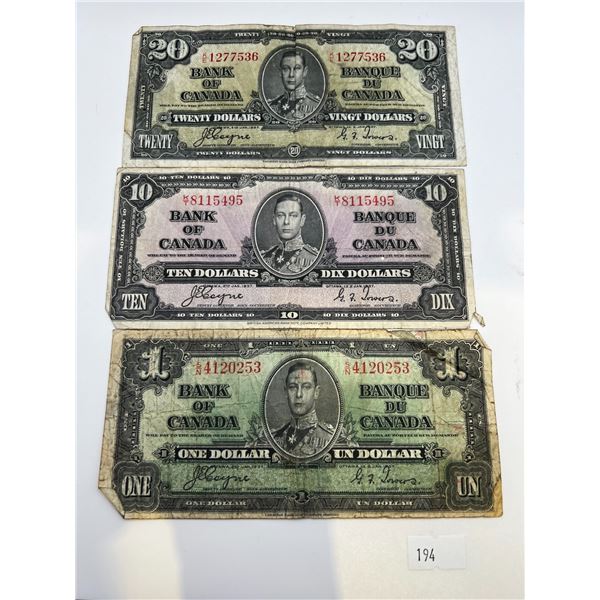 1937 Canada Banknotes Set of 3