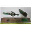 Image 1 : Antique Wooden level + Cast Iron shoe makers foot + Antique hand drill