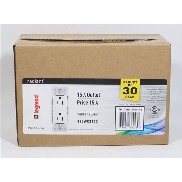 BOX OF RADIANT LEGRAND 15 A OUTLET WHITE 30 PACK