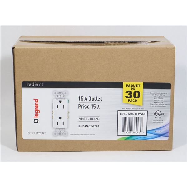 BOX OF RADIANT LEGRAND 15 A OUTLET WHITE 30 PACK