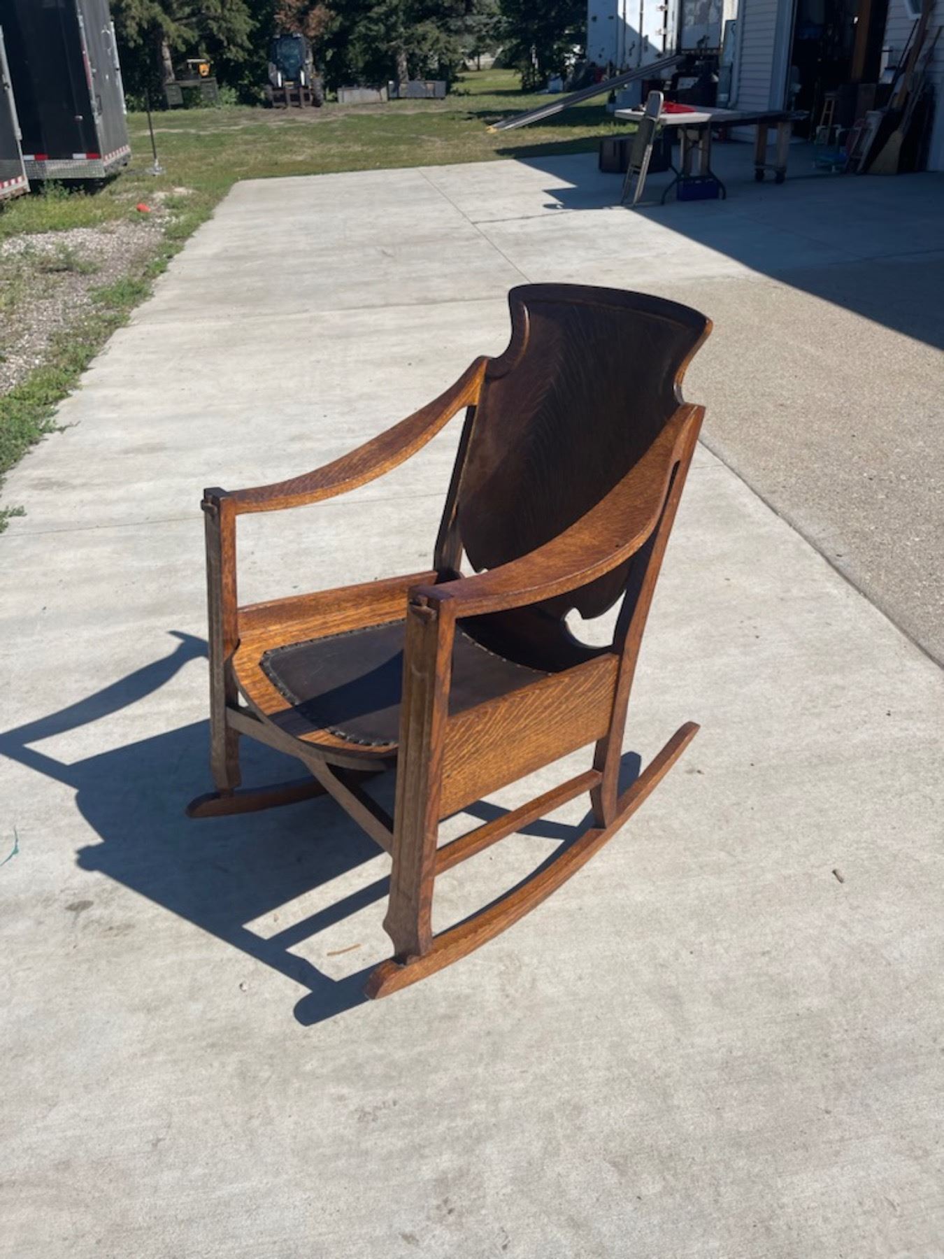 Vintage Wooden Rocker ANTIQUE WOOD ROCKER WITH LEATHER SEAT - Cornerbids