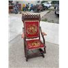 Image 10 : VINTAGE CARVED ROCKING CHAIR WITH EMBROIDERED HORSE UPHOLSTERY