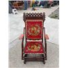 Image 1 : VINTAGE CARVED ROCKING CHAIR WITH EMBROIDERED HORSE UPHOLSTERY