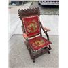 Image 2 : VINTAGE CARVED ROCKING CHAIR WITH EMBROIDERED HORSE UPHOLSTERY