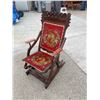 Image 3 : VINTAGE CARVED ROCKING CHAIR WITH EMBROIDERED HORSE UPHOLSTERY