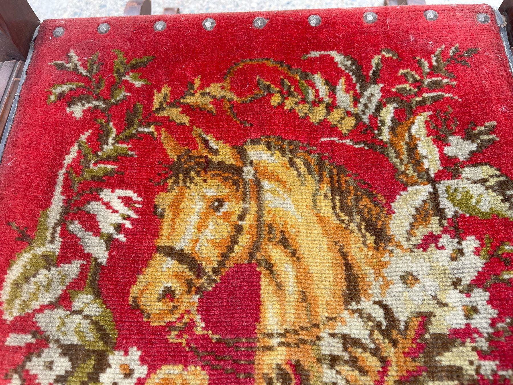 VINTAGE CARVED ROCKING CHAIR WITH EMBROIDERED HORSE UPHOLSTERY - Cornerbids