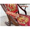 Image 9 : VINTAGE CARVED ROCKING CHAIR WITH EMBROIDERED HORSE UPHOLSTERY