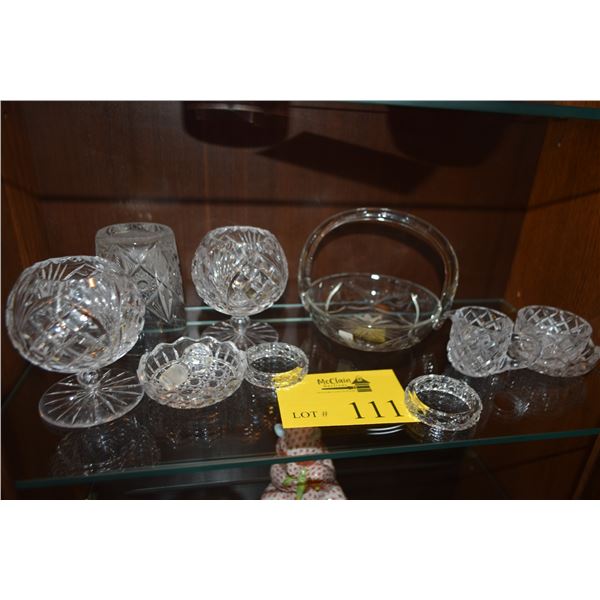 ASSORTED CRYSTAL & GLASS: BASKET, NAPKIN RINGS, SUGAR & CREAMER, STEMWARE, GLASS, ETC. (11 PCS)