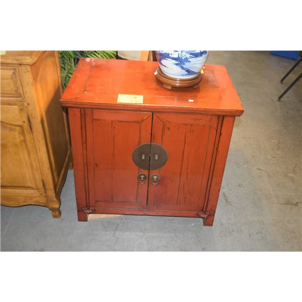 ANTIQUE CHINESE RED LACQUER SIDE CABINETS, LATE 19TH CENTURY (29" X 17 1/2" X 29")