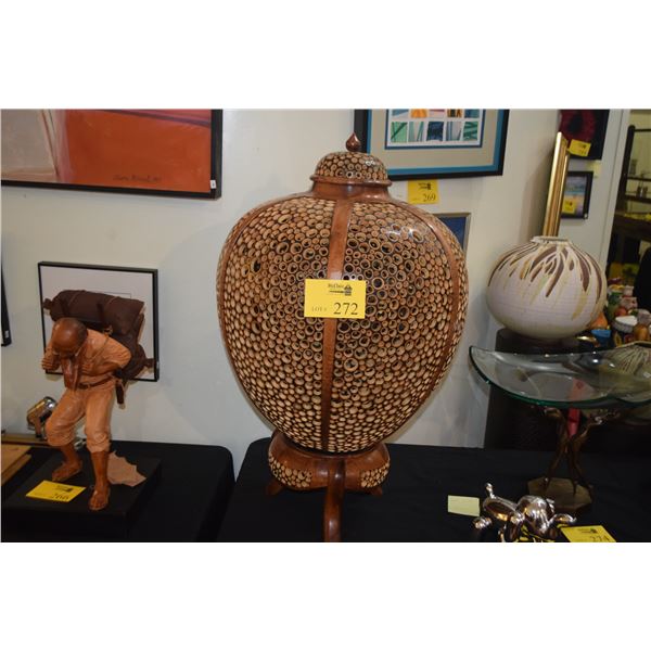 LARGE KOA & BAMBOO COVERED VASE BY ROBERT W. BUTTS, THE OVAL VASE W/KOA RIBS & RETICULATED SIDES COM