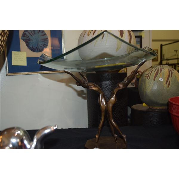 STANDING COUPLE CENTERPIECE W/TRIANGULAR GLASS PLATE; SIGNED JOSE ANTONIO RODRIGUE MEXICO 2002