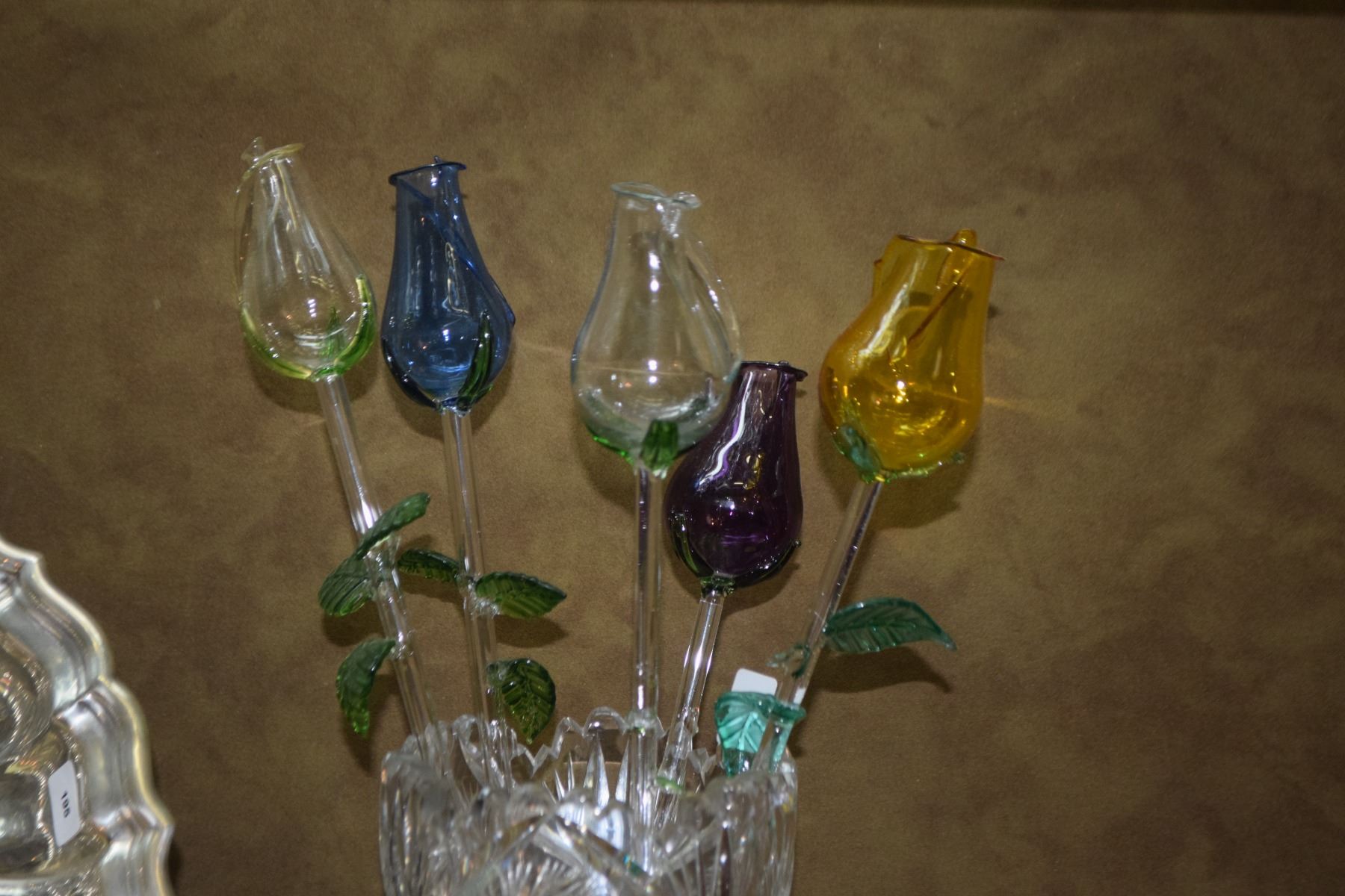 MULTI-COLORED GLASS ROSES IN CUT TO CLEAR GLASS VASE (7 PCS) - McClain ...