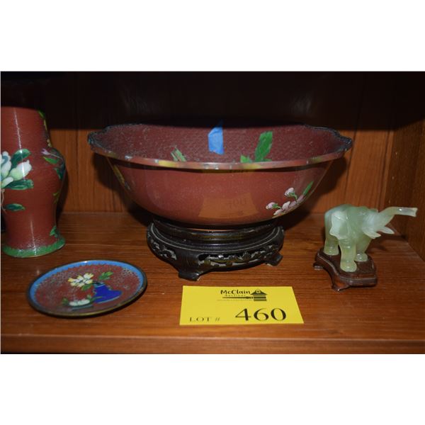CLOISONNE BOWL, VASE & DISH & CARVED STONE ELEPHANTS (5 PCS)