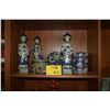Image 1 : BLUE & WHITE STANDING EMPERORS, CLOISONNE COVERED JAR & PLATE & TEA CADDY (6 PCS)