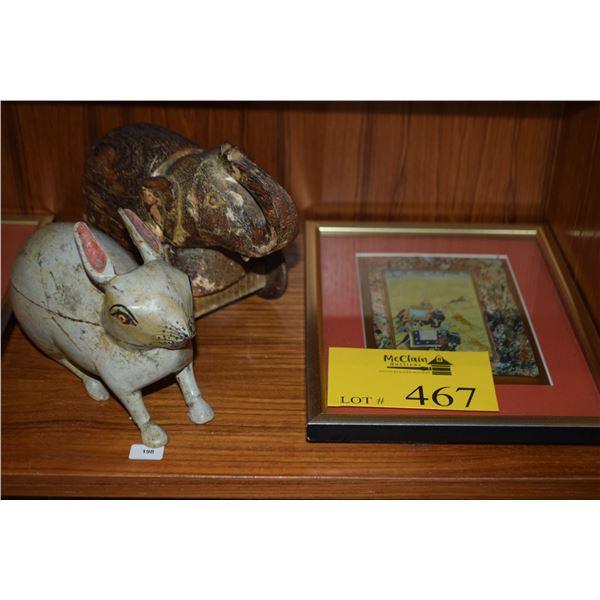 FRAMED INDIAN ART, CARVED RABBIT BOX & ELEPHANT BOX ON WHEELS (4 PCS ...