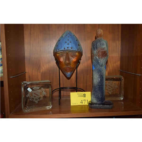 DIANA FERLAND CASSANDRE STUDIO CANADA, ART GLASS MASK FACE HEAD & ETCHED GLASS BLOCKS (3 PCS)