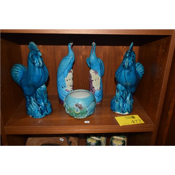 CHINESE PHOENIX BIRDS, ROOSTER STATUES & BOWL (5 PCS)