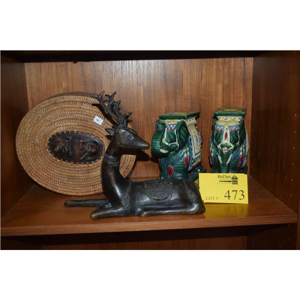 BRONZE DEER, ELEPHANT STANDS & WOVEN COVERED BASKET (4 PCS)