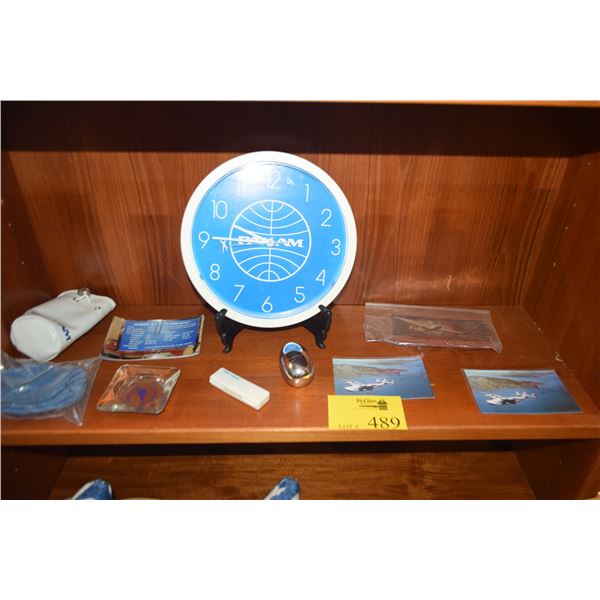 COLLECTION OF PAN AM MEMORABILIA: CLOCK, LIGHTER, POSTCARDS, TOOTH BRUSH, ASHTRAY, ETC.