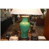 Image 2 : ANTIQUE CHINESE APPLE GREEN CRACKLED GLAZED VASE LAMP W/SHADE