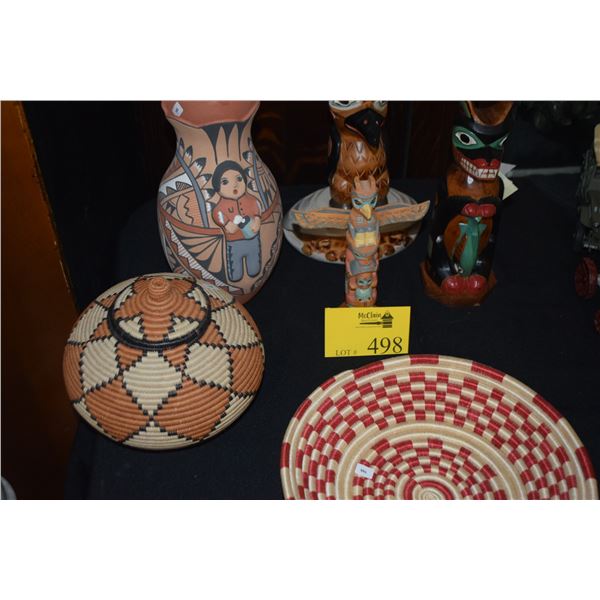 TOTEM POLES, POTTERY VASE, WOVEN BOWL & WOVEN COVERED BASKET BY WEAVER ZAMA DLAMINI (6 PCS)