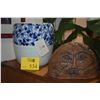 Image 1 : JAPANESE BLUE & WHITE PORCELAIN HIBACHI & STONEWARE FACE (2 PCS)