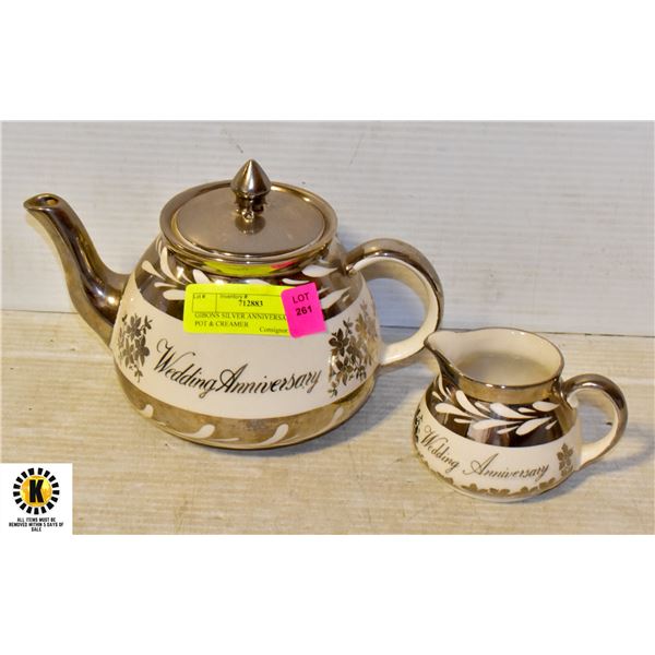 GIBONS SILVER ANNIVERSARY TEA POT & CREAMER