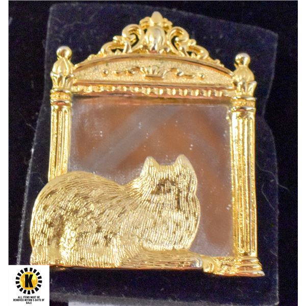 VINTAGE GOLD TONE KITTY IN THE MIRROR BROOCH