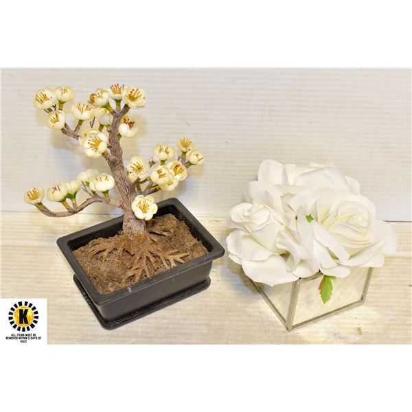 DECORATIVE BONSAI AND WHITE ROSES