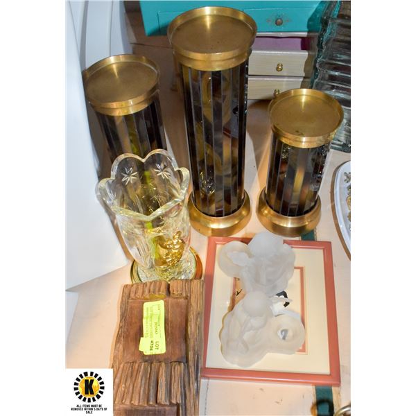 LOT OF MISC INCLUDES GLASS AND BRASS CANDLESTICKS,