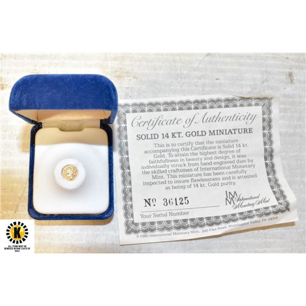 SOLID 14K GOLD MINIATURE COIN IN CASE