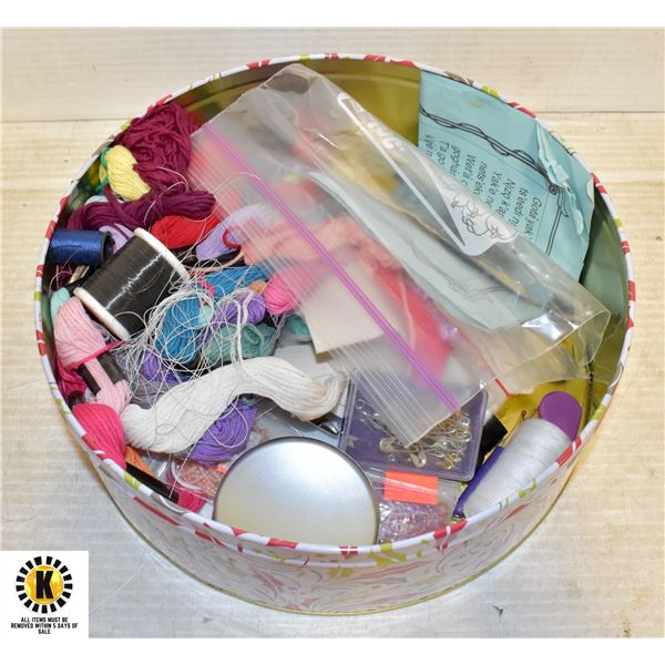 TIN OF ASSORTED SEWING ITEMS