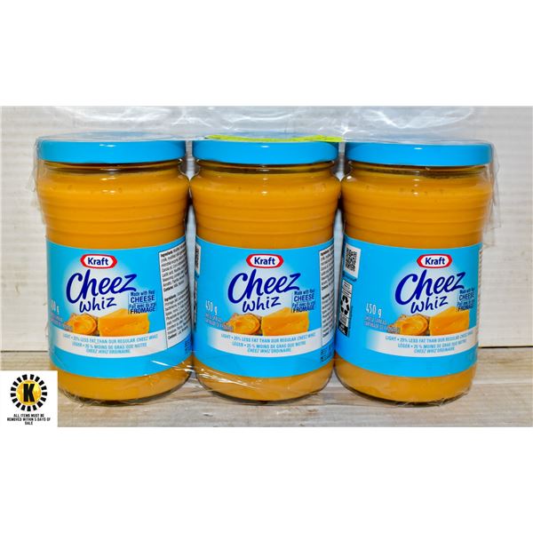 LOT OF 3 KRAFT CHEEZ WHIZ LIGHT,450G,BB SEPT 7/22